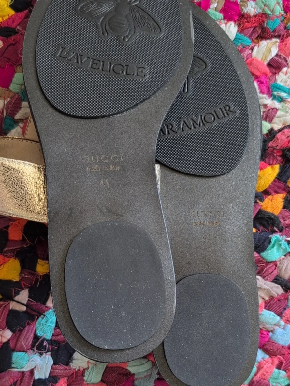 Gucci Metallic Gold Thong Sandals with Black Footbed and Blue Accents